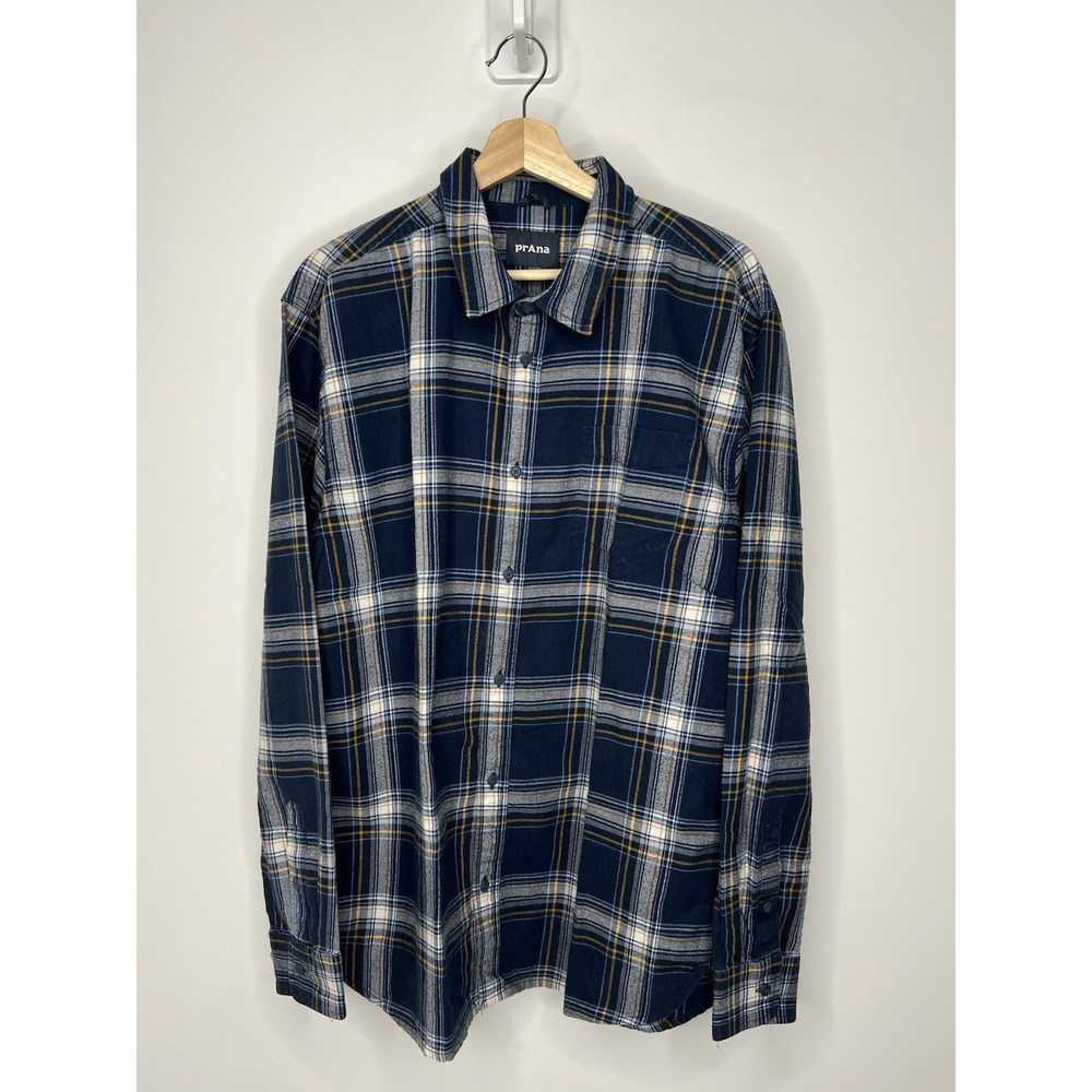 Prana Shirt Mens XL Blue Plaid Long Sleeve Button Up Lightweight Flannel Pocket